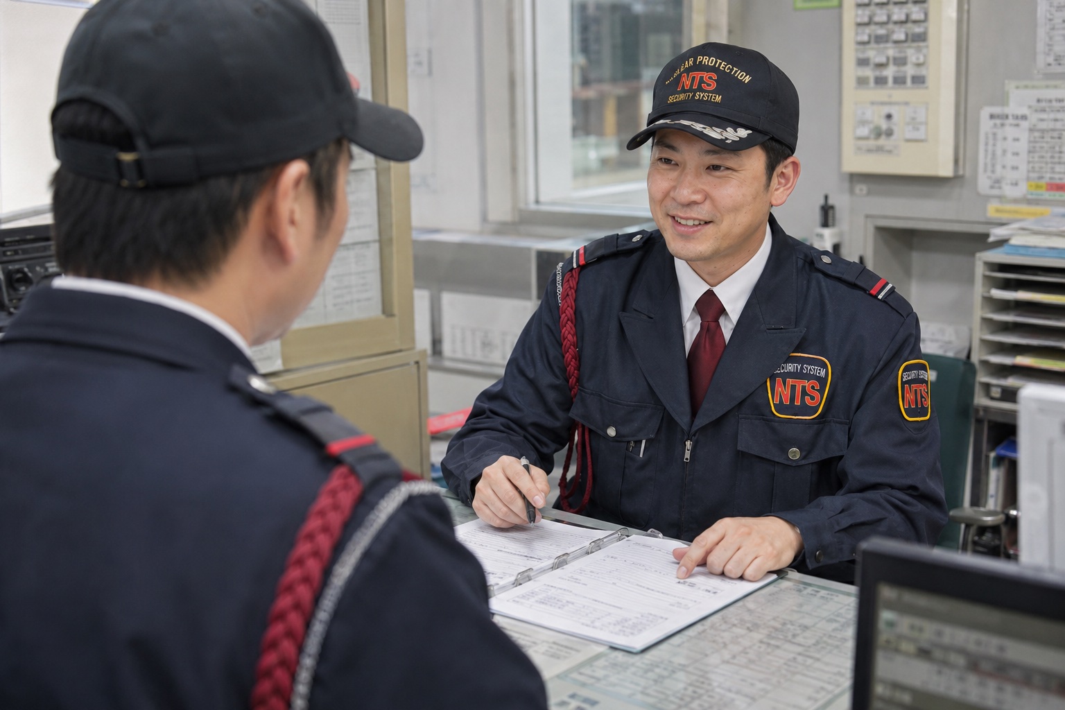 窓口で業務を行う警備員