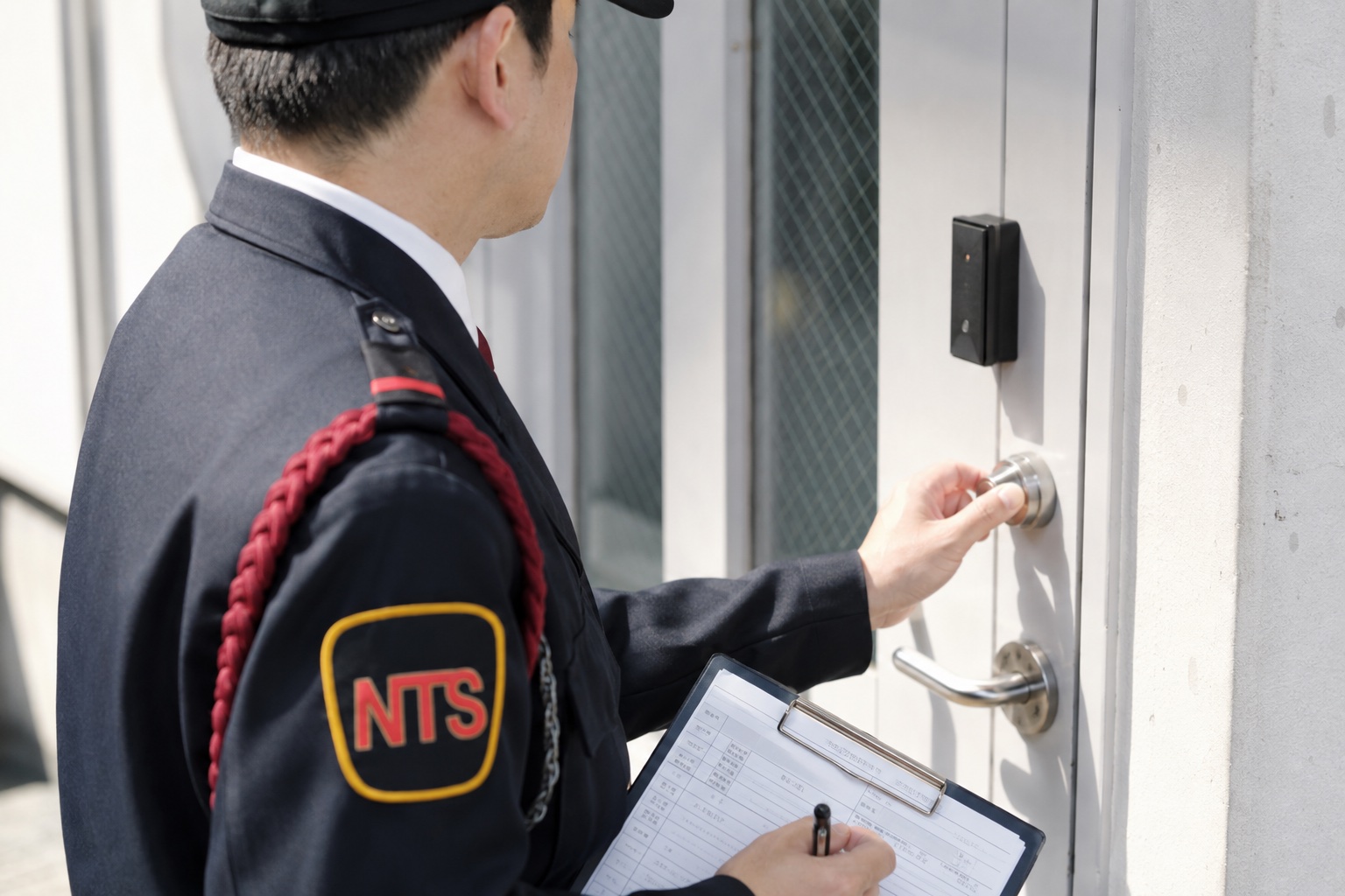 ドアを確認する警備員