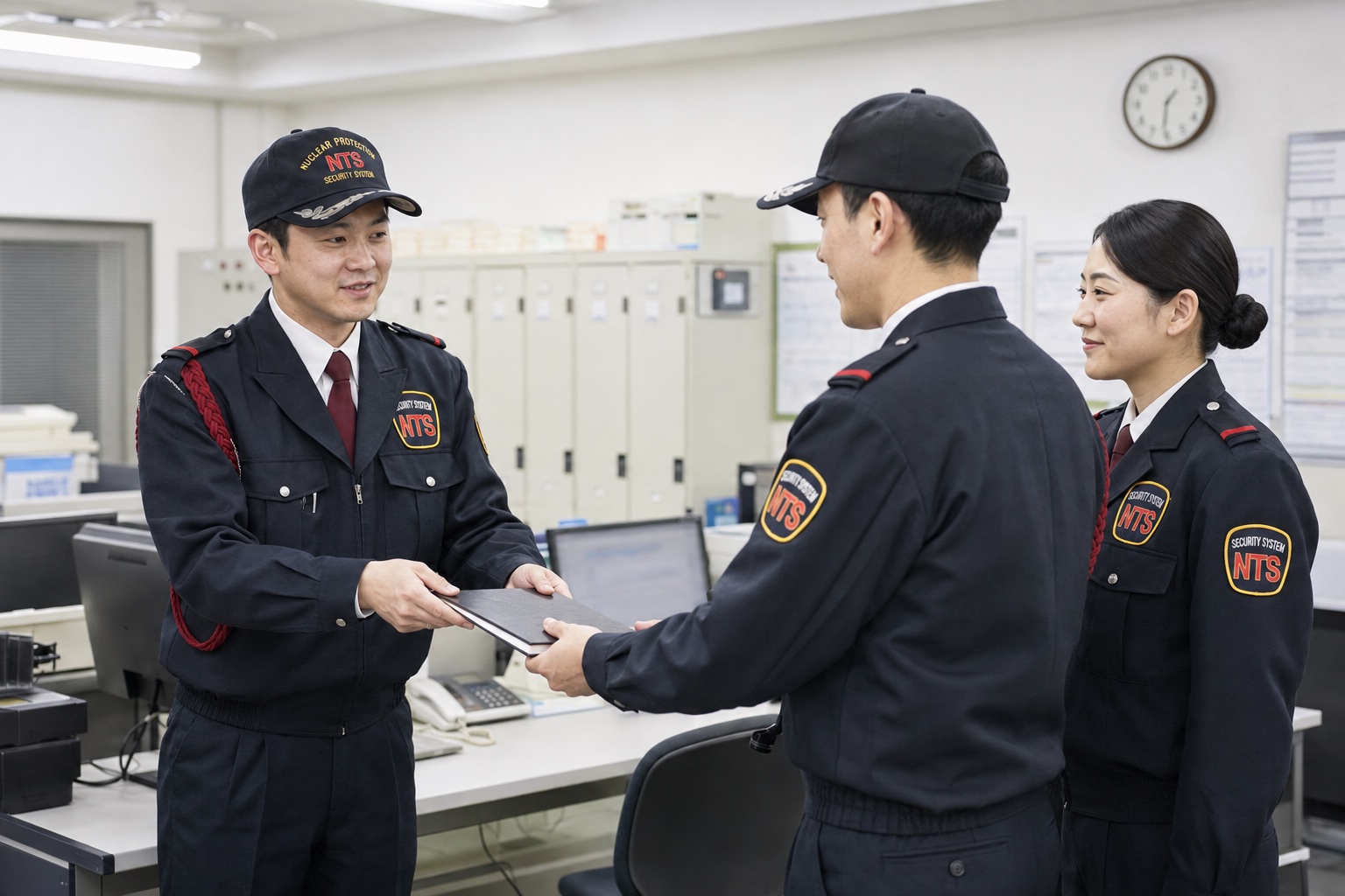 次の担当者へ引き継ぎを行う警備員