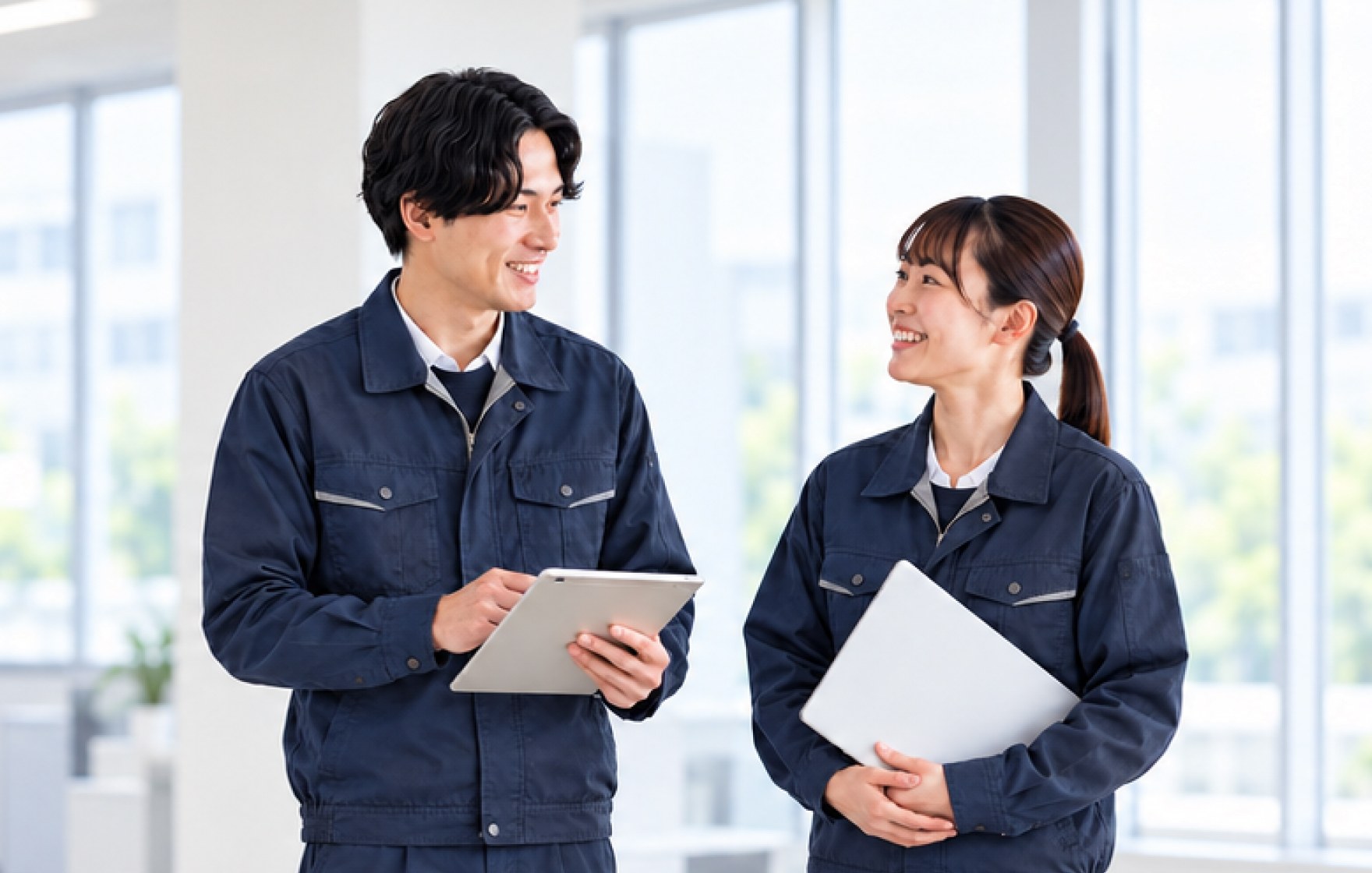 作業服を着た社員がタブレットを持って会話している様子